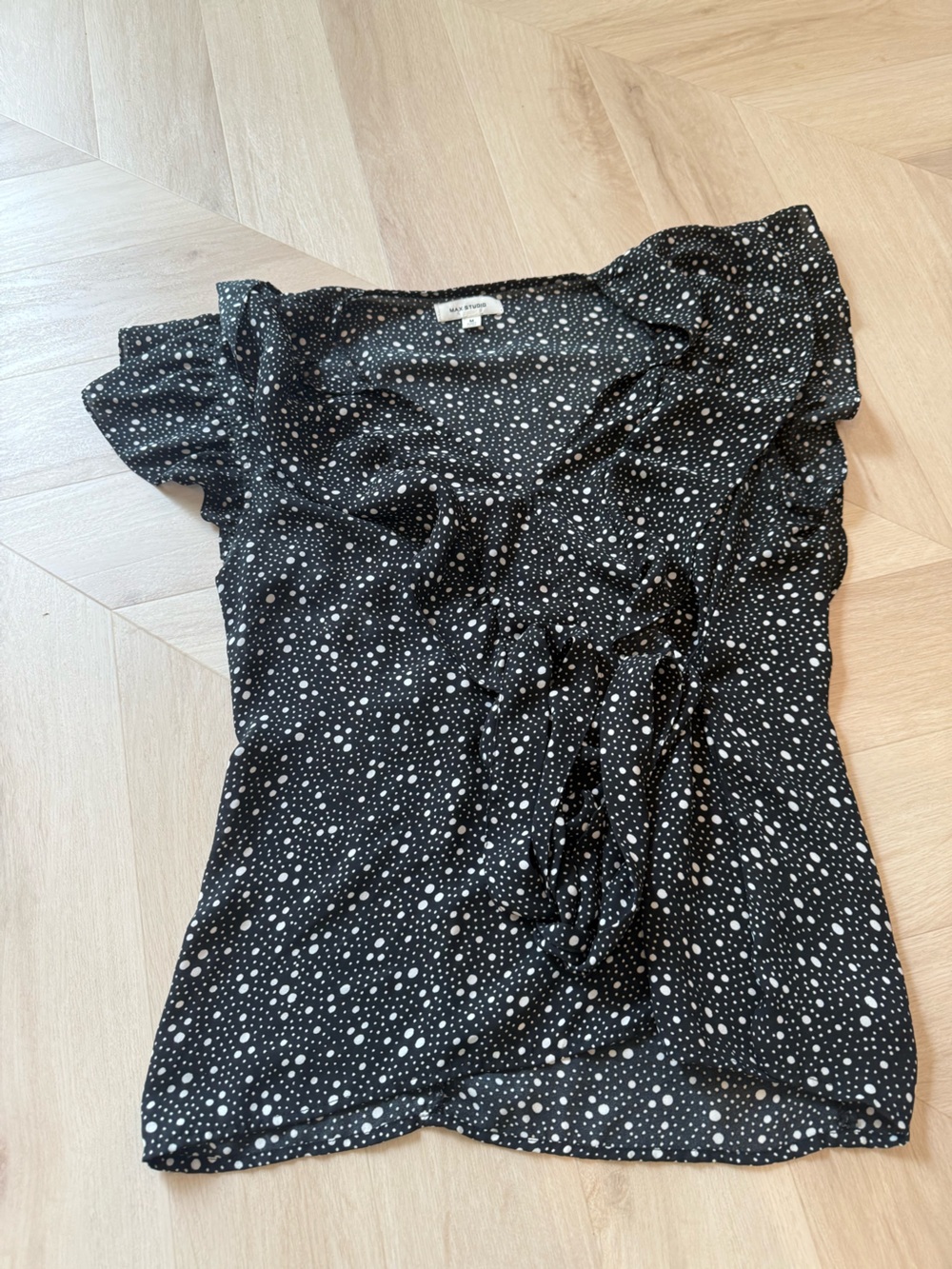Black Polka Dot Ruffle V-Neck shirt
